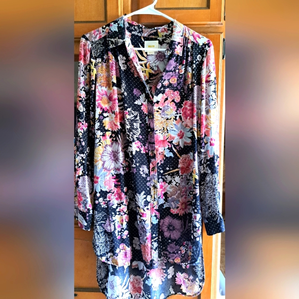 Ladies Maeve Hi-Low Tea Time Floral Black Button Up Small By Anthropologie